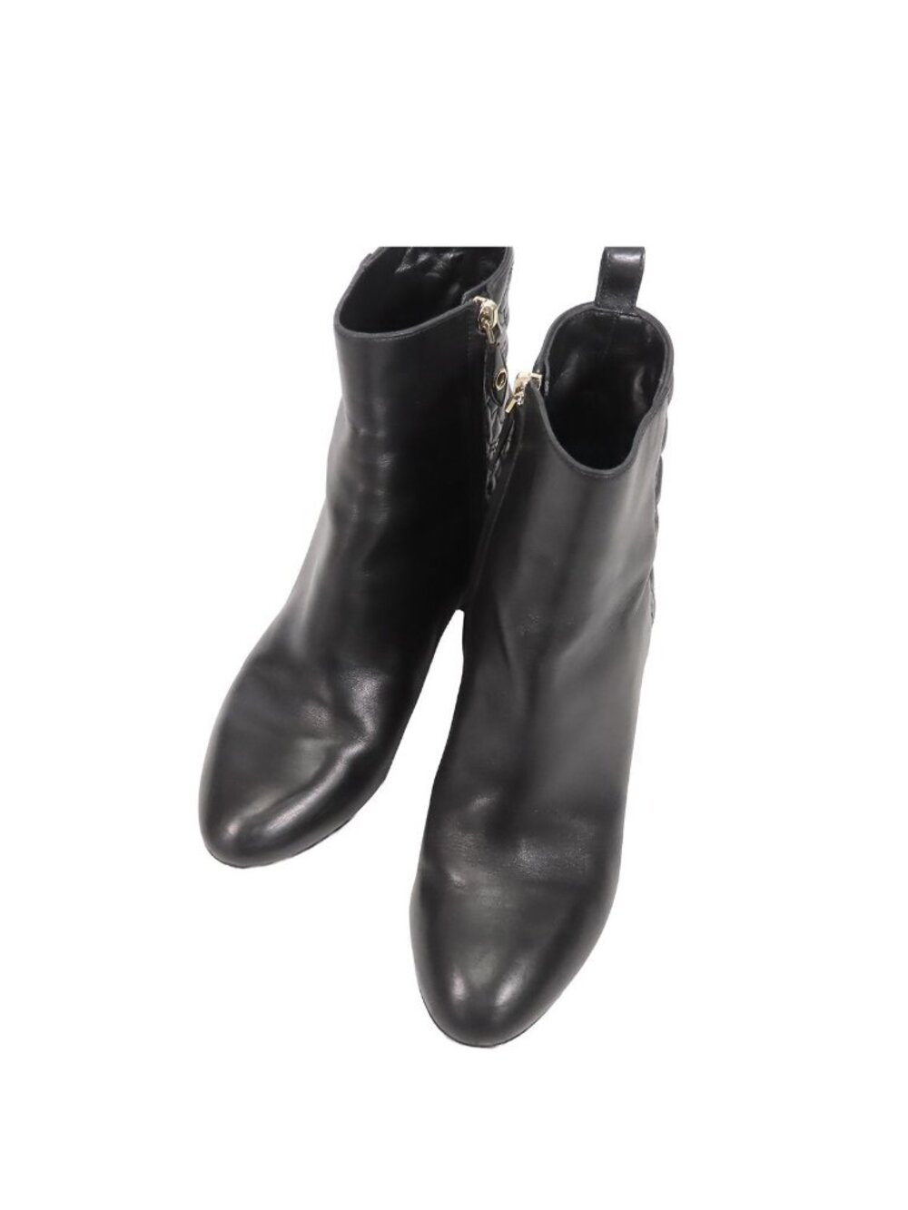 Louis Vuitton Boots Black Leather Monogram Flower Chunky Heel Side Zip